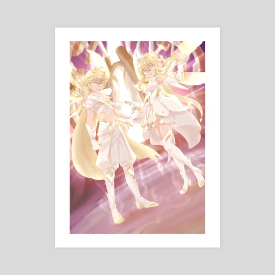 "The Travelers End" illustration of Lumine and Aether standing powerfully in front of a celestial gate which can similarly be found in the game, Honkai Impact. 